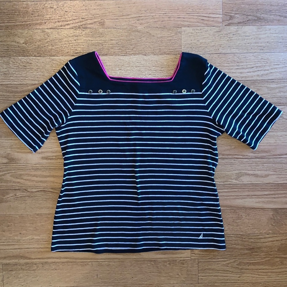 NAUTICA Navy Blue Striped Square-Neck Shirt Sz Medium